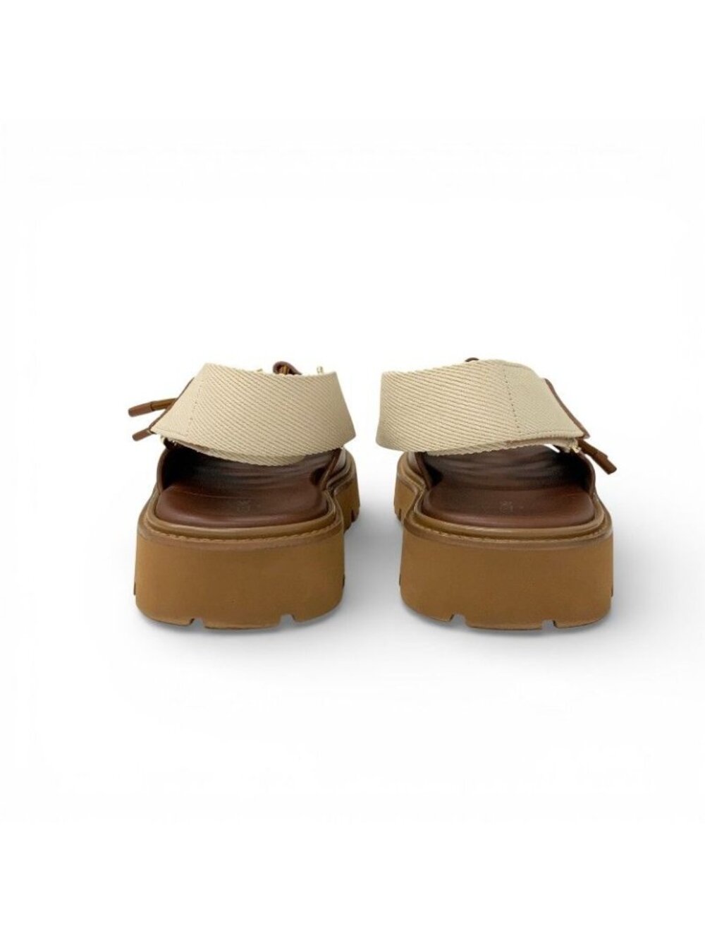 Celine Sandals Shoes Leather Canvas Brown Beige Gold Platform Strap Lace Up - Picture 5 of 9